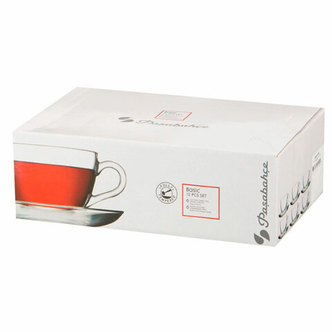 Набор чайный на 6 персон (6 кружек 215 мл, 6 блюдец), стекло, PASABAHCE "БЕЙЗИК", фирменная подарочная упаковка, 97948