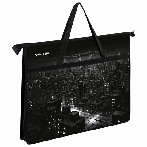 Папка для рисунков и чертежей с ручками BRAUBERG А3, пластик, молния сверху, "Night city", 273410
