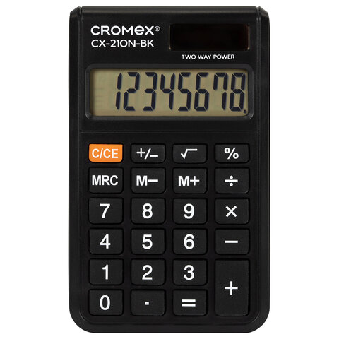 Калькулятор карманный CROMEX (КРОМЕКС) CX-210N-BK (96х62 мм), 8 разрядов, двойное питание, черный, 273834