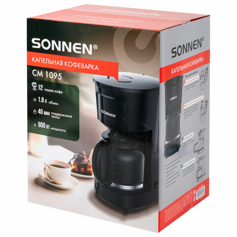 Кофеварка капельная SONNEN CM1095, 900 Вт, объем 1,8 л, подогрев кофе, противокапельная система, черная, 456334