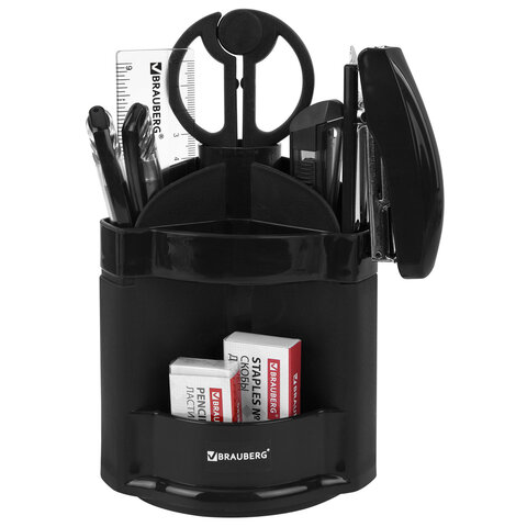 Канцелярский набор BRAUBERG "Офисный 100", 10 предметов, вращающаяся конструкция, черный, блистер, 236949