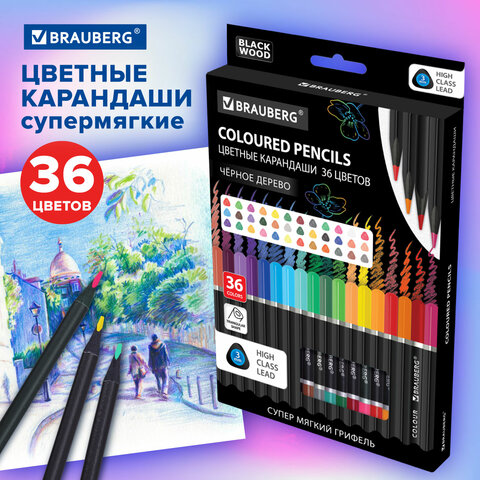 Карандаши цветные чёрное дерево BRAUBERG BLACK WOOD, 36 цветов, мягкий грифель 3 мм, 182042