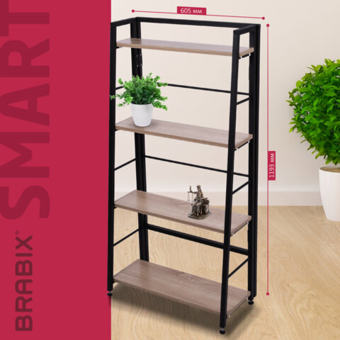 Стеллаж BRABIX "Smart SH-007", 605х295х1193 мм, ЛОФТ, трапеция, складной, металл/ЛДСП дуб, каркас черный, 641872