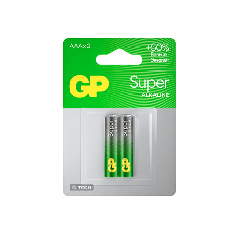 Батарейки КОМПЛЕКТ 2 шт., GP Super G-Tech, AAA (LR03, 24А), алкалиновые, мизинчиковые, блистер, 24A-2, 24A-2CR2