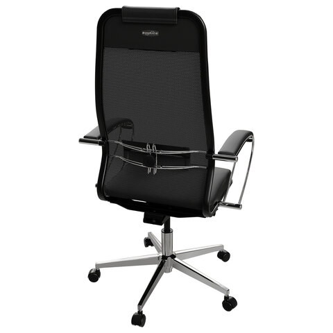 Кресло офисное МЕТТА "ErgoLife" Comfort, хром, сиденье мягкое, ткань-сетка/экокожа, черное