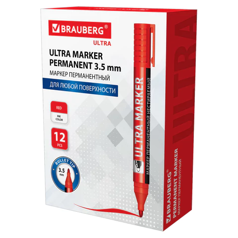 Маркер перманентный ULTRA MARKER, КРАСНЫЙ, 3,5 мм, с клипом, BRAUBERG, 152205