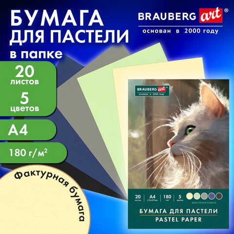 Бумага для пастели А4 в папке, 20 листов, 5 цветов, 180 г/м2, BRAUBERG ART CLASSIC, 116345