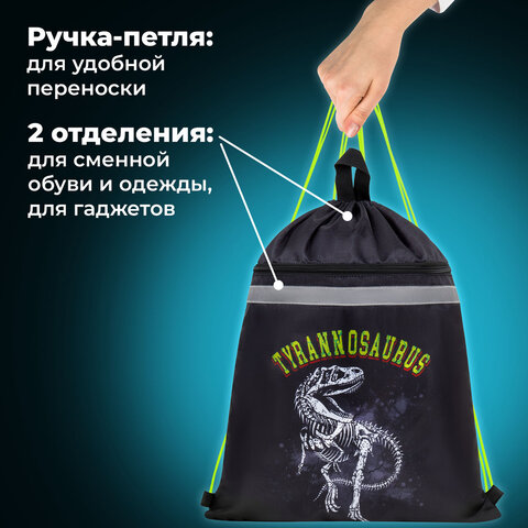 Мешок для обуви BRAUBERG, с петлей, светоотражающая полоса, 2 отделения, 46х36 см, "Тираннозавр", 272399