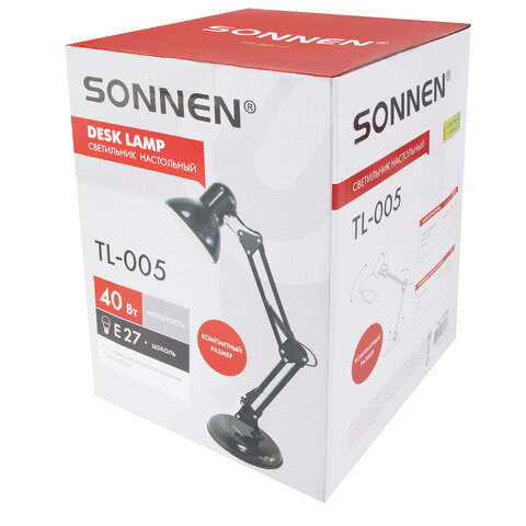 Настольная лампа-светильник SONNEN TL-005, подставка, 40 Вт, Е27, черный, высота 50 см, 237646