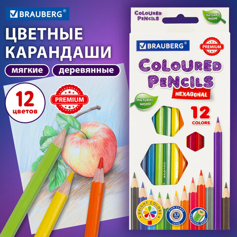 Карандаши цветные BRAUBERG PREMIUM, 12 цветов, шестигранные, грифель 3,3 мм, натуральное дерево, 181656