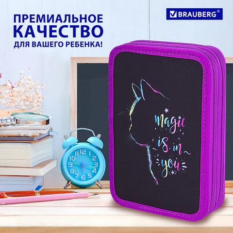 Пенал BRAUBERG, 2 отделения, полиэстер, 21х14 см, "Magic Cat", 271542