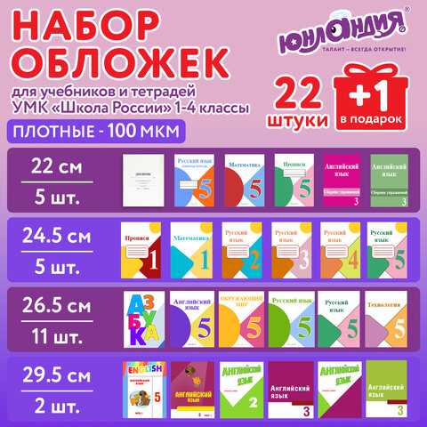 Обложки ПЭ для тетрадей и учебников, НАБОР "22 шт. + 1 шт. в ПОДАРОК", ПЛОТНЫЕ, 100 мкм, универсальные, прозрачные, ЮНЛАНДИЯ, 272704