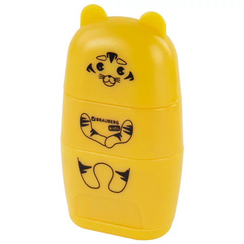 Точилка с ластиком 2 в 1 BRAUBERG KIDS "Зверушки", 2 отверстия, дизайн ассорти, 271989