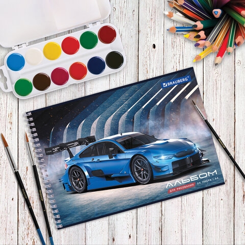 Альбом для рисования А4, 24 листа, гребень, обложка картон, BRAUBERG, 195х285 мм, "Спорткар" (2 вида), 106695