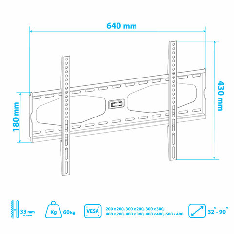 Кронштейн-крепление для ТВ настенный KROMAX STAR-11, VESA 75-600/400, 32-65", 0 степеней свободы, до 50 кг, серый, 20159