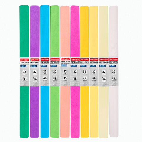 Бумага гофрированная/креповая, 32 г/м2, 50х250 см, НАБОР 10 рулонов, пастель, BRAUBERG, 112557