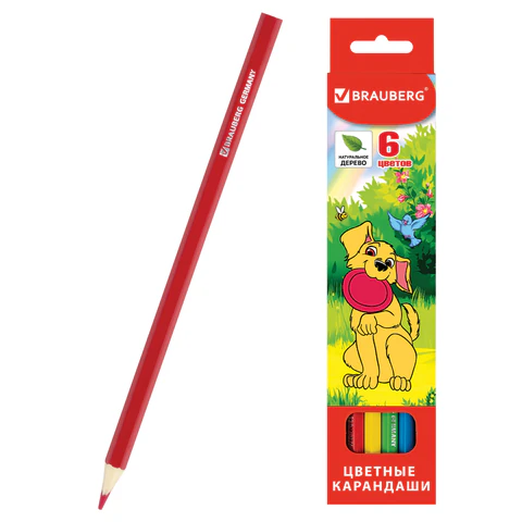 Карандаши цветные BRAUBERG "My lovely dogs", 6 цветов, шестигранные, грифель 3 мм, натуральное дерево, 180518