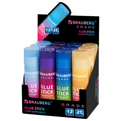 Клей-карандаш в градиентном корпусе BRAUBERG "Grade", 21 г, PVP-основа, ассорти, 271247