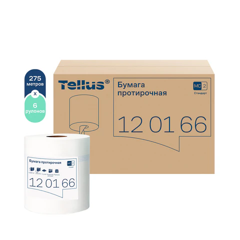 Бумага протирочная с центральной вытяжкой 275 м, Tellus/TORK (M2) UNIVERSAL, 1-слойная, белая, КОМПЛЕКТ 6 рулонов, 120166