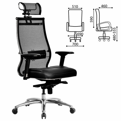 Кресло офисное МЕТТА "SAMURAI" SL-3, с подголовником, сверхпрочная ткань-сетка/экокожа, черное