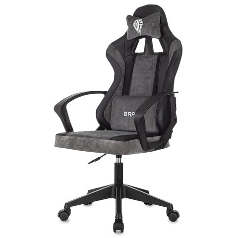 Кресло компьютерное BRABIX "Forcer GM-127", 2 подушки, экокожа/велюр, черное/серое, 533216