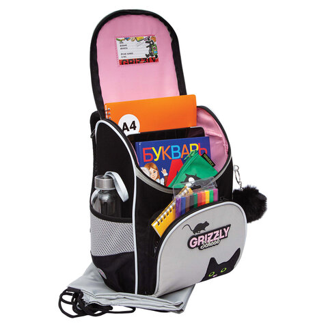 Ранец GRIZZLY анатомическая спинка, с мешком для обуви, для девочек, "BLACKY", серый, 33х25х13 см, RAm-584-1/2