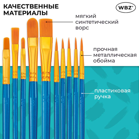 Кисти набор 10 шт., синтетика, синие, № 2/0-8 (Круглые; Овальные; Плоские; Лайнеры), WBZ (ВБЗ), 201085