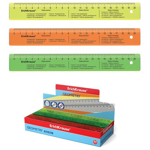 Линейка пластиковая 20 см, ERICH KRAUSE "NEON", с единицами измерения, ассорти, 55502
