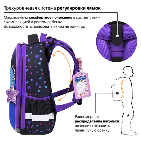 Ранец BRAUBERG PREMIUM, 2 отделения, с брелком, "Neon cat", 38х29х16 см, 271352