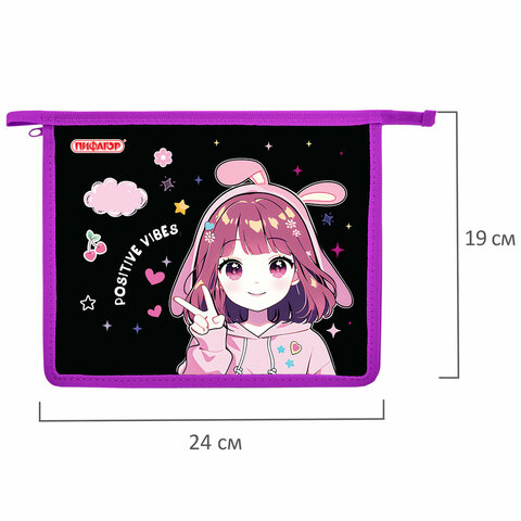 Папка для тетрадей ПИФАГОР А5, 1 отделение, пластик, на молнии, "Anime sign", 273328