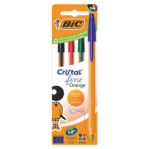 Ручки шариковые BIC "Orange Original", НАБОР 4 ЦВЕТА, узел 0,8 мм, линия 0,3 мм, пакет, 8308541/516337