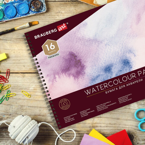 Альбом для акварели, бумага 300 г/м2, 270х390 мм, среднее зерно, 16 листов, гребень, BRAUBERG ART PREMIERE, 113213