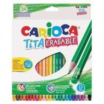 Карандаши цветные стираемые с резинкой CARIOCA &quot;Erasable&quot;, 24 цвета, пластик, шестигранные, заточенн