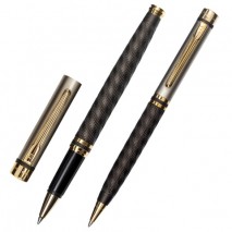 Набор PIERRE CARDIN (Пьер Карден) шариковая ручка и ручка-роллер, корпус черный/серебристый, латунь,