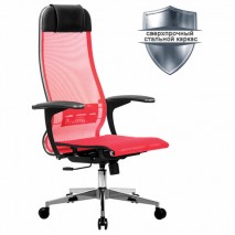 Кресло офисное МЕТТА &quot;К-4-Т&quot; хром, прочная сетка, сиденье и спинка регулируемые, красное