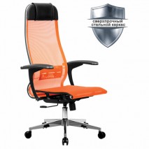 Кресло офисное МЕТТА &quot;К-4-Т&quot; хром, прочная сетка, сиденье и спинка регулируемые, оранжевое