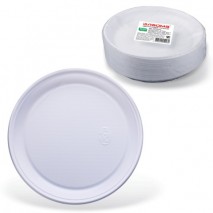 Одноразовые тарелки плоские, КОМПЛЕКТ 100 шт., пластик, d=220 мм, &quot;БЮДЖЕТ&quot;, белые, ПС, холодное/горя