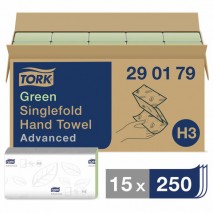 Полотенца бумажные, 250 шт., TORK (Система H3) Advanced, комплект 15 шт., 2-слойные, зеленые, 25х23,
